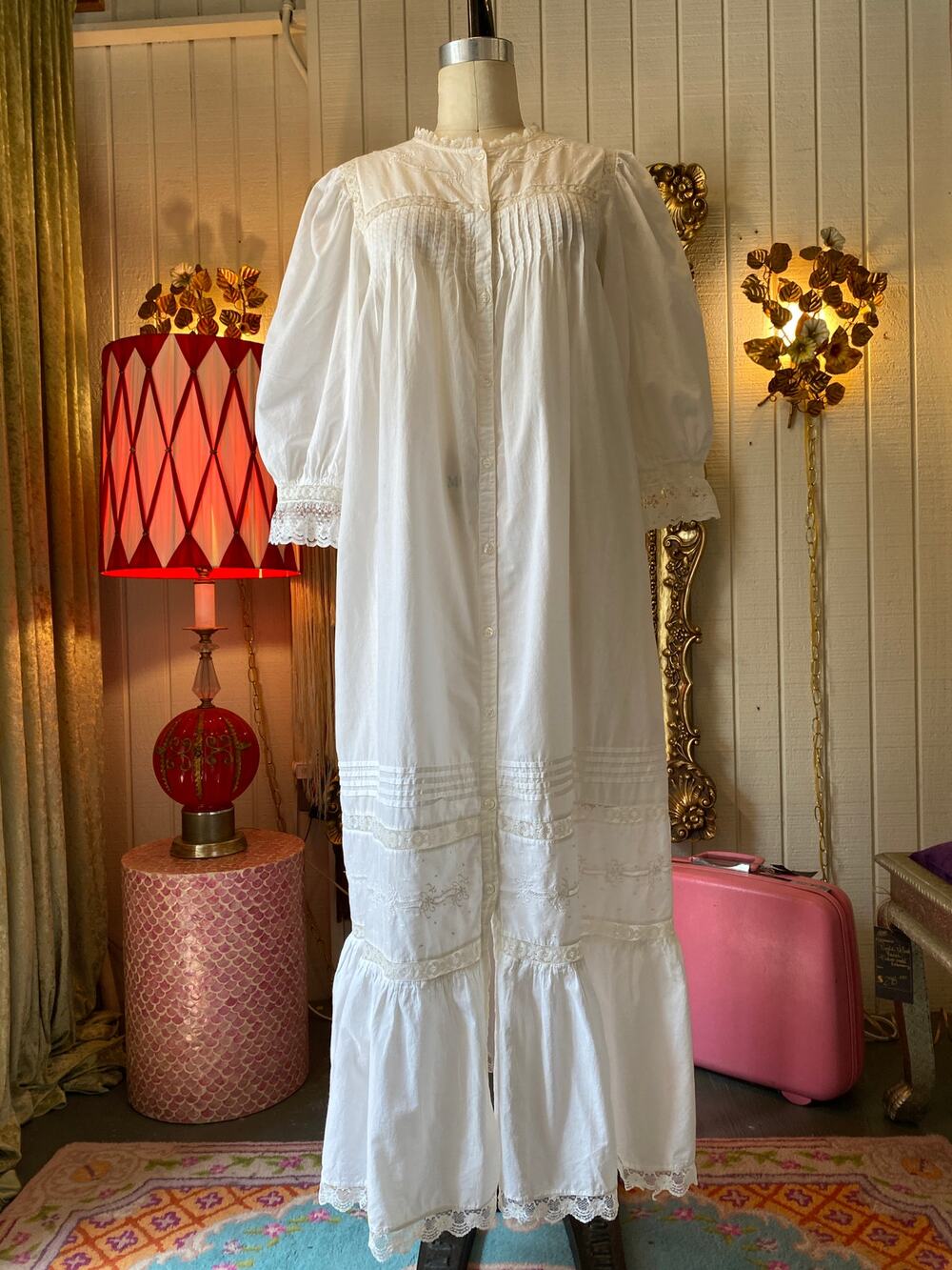 vintage 1980s white cotton saybary nightgown, victorian style, pin tucked, lace